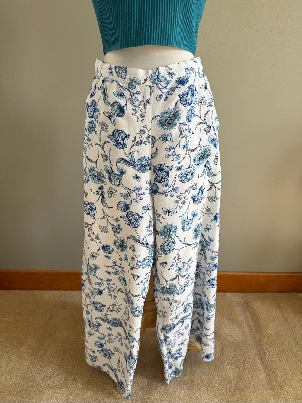 Midnight Sky Blue Floral Wide Leg Linen Blend Pants Size Medium